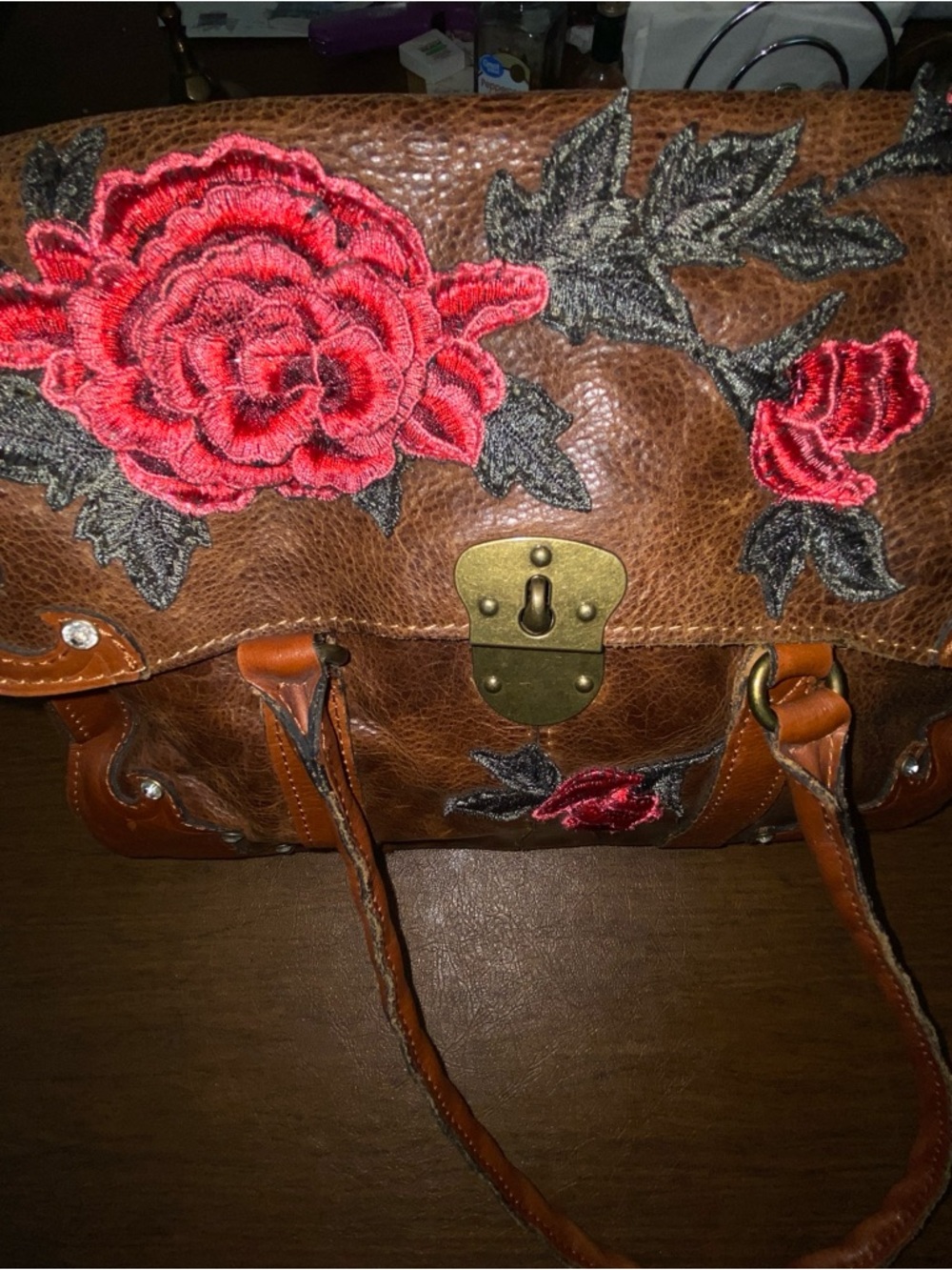 Patricia Nash Rose Flower Appliqué Satchel Shoulder Bag Cognac Brown Leather
